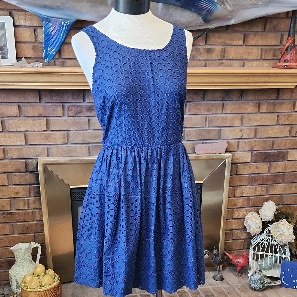 Navy Blue Eyelet Mini Dress Spring Easter Summer Feminine Flirty Size 6  Western